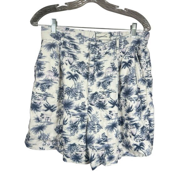 Abercrombie & Fitch Linen Blend Shorts M Blue Toile Tropical Print‎ Resort Beach - Picture 1 of 11